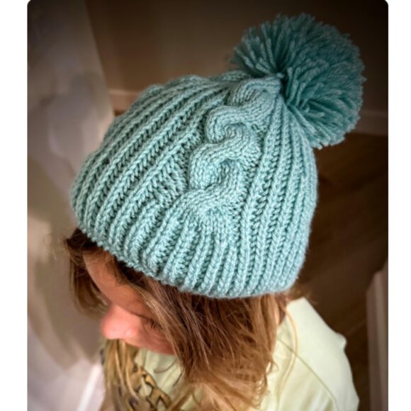 Hand-Knitted Winter Hat with Pom-Pom – Soft Blue Cable Beanie - Picture 5 of 12